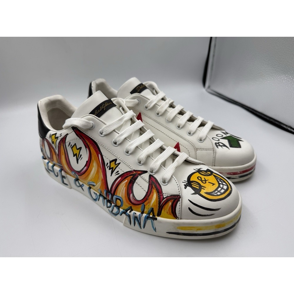 Dolce & Gabbana Portofino Graffiti Sneakers White Leather Men Size 10 US 11 - Picture 6 of 16